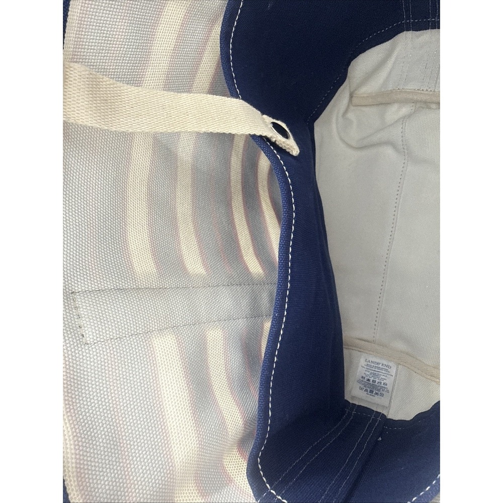 Lands End Canvas Tote Bag Navy Blue Red White Striped Nautical Large Beach Bag - Picture 8 of 10